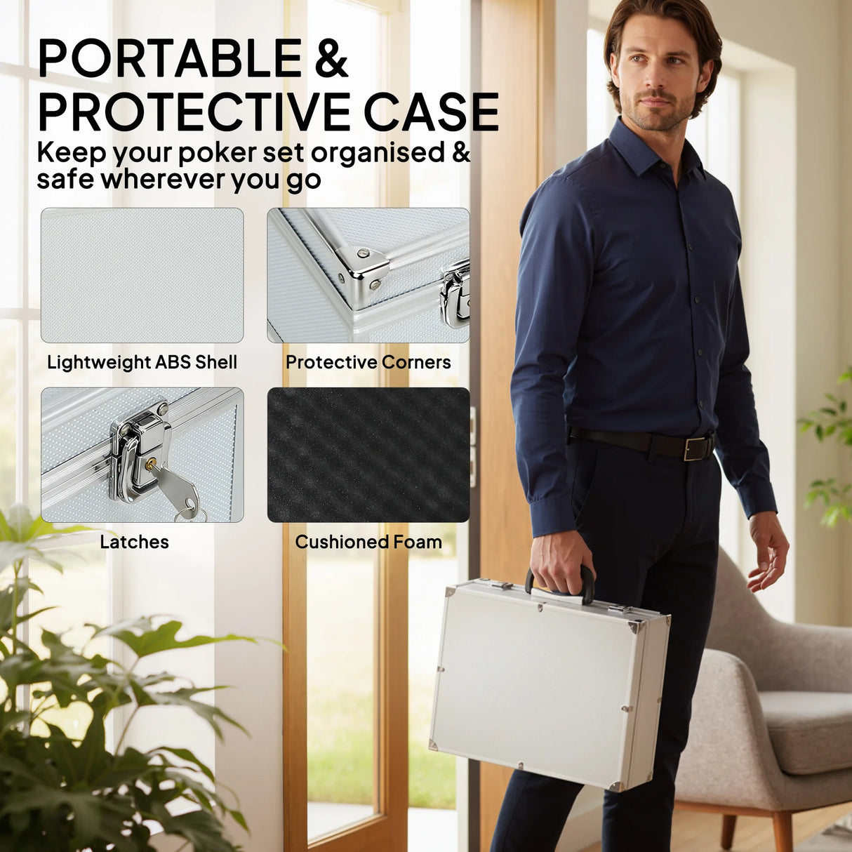 SPORTNOW 300-Piece Poker Chips Set with Card Shuffler, Card Shoe, Case, Casino Texas Holdem Poker Set with Mat, Silver Tone