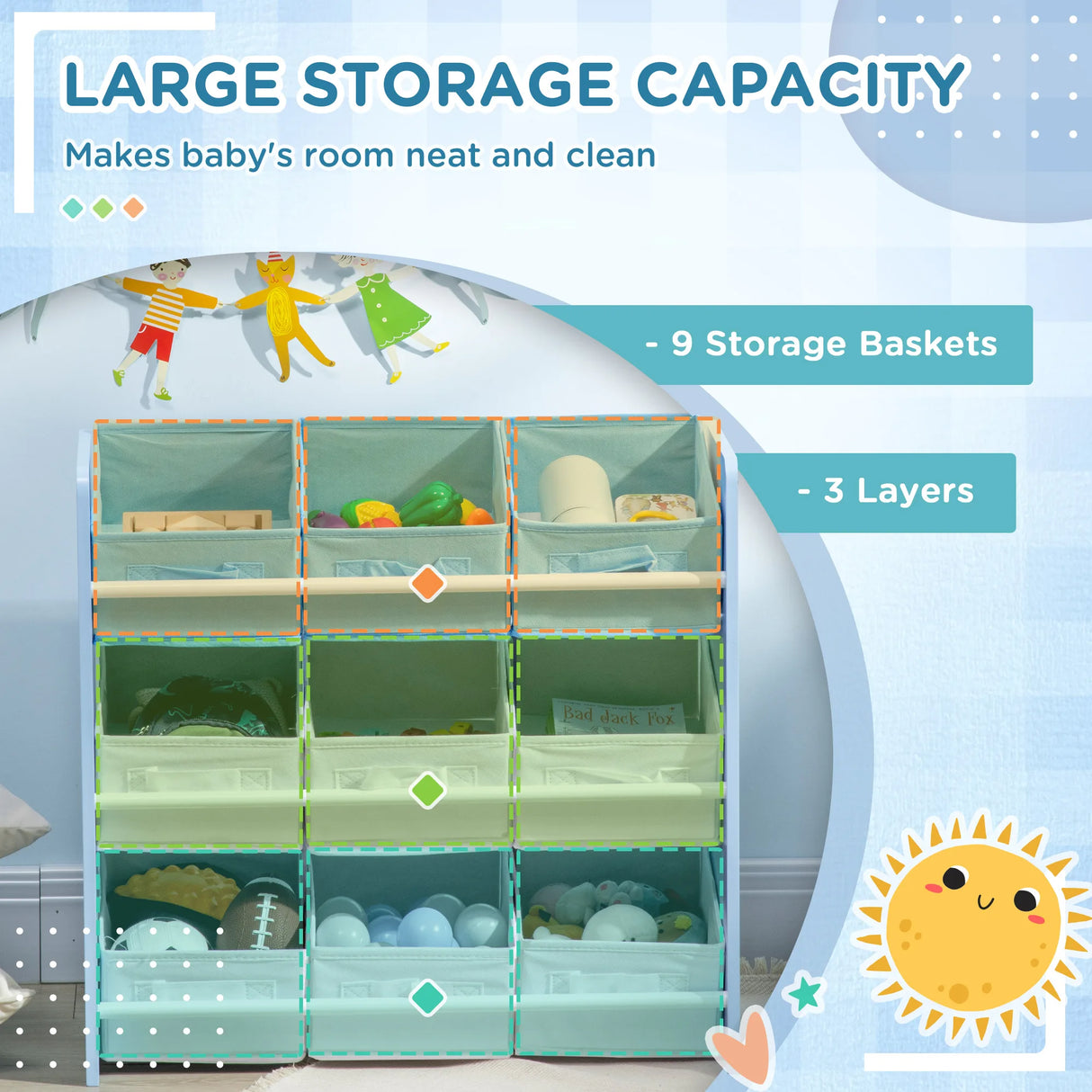 ZONEKIZ Kids Storage Rack, with Nine Removable Baskets, for Nursery, Bedroom, Playroom - Blue