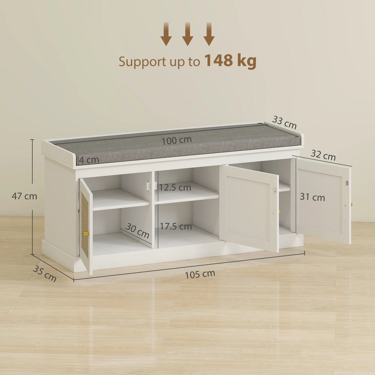 HOMCOM Shoe Storage Bench with Woven Rattan Doors, Seat - White