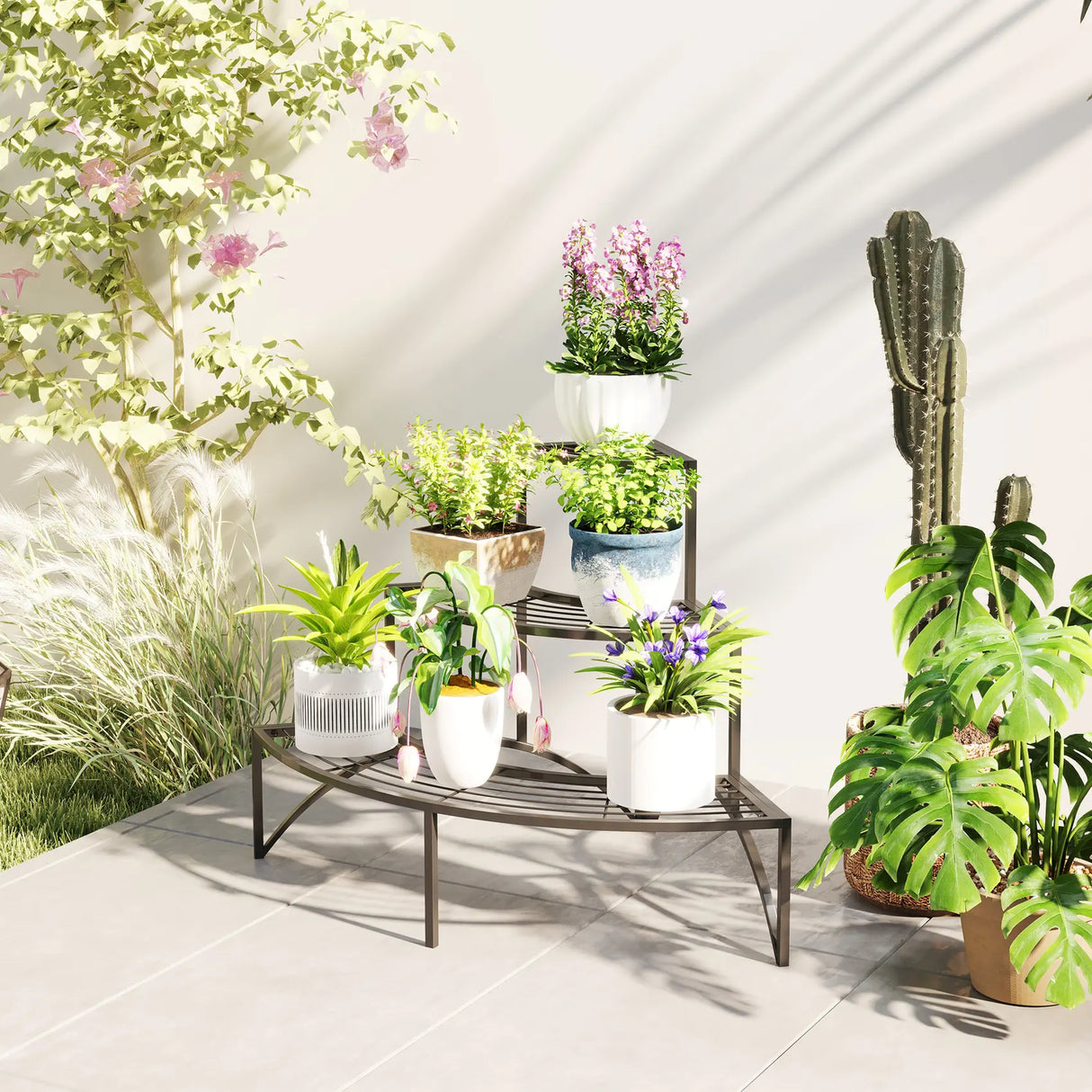 Outsunny Three-Tier Corner Metal Plants Shelves - Black