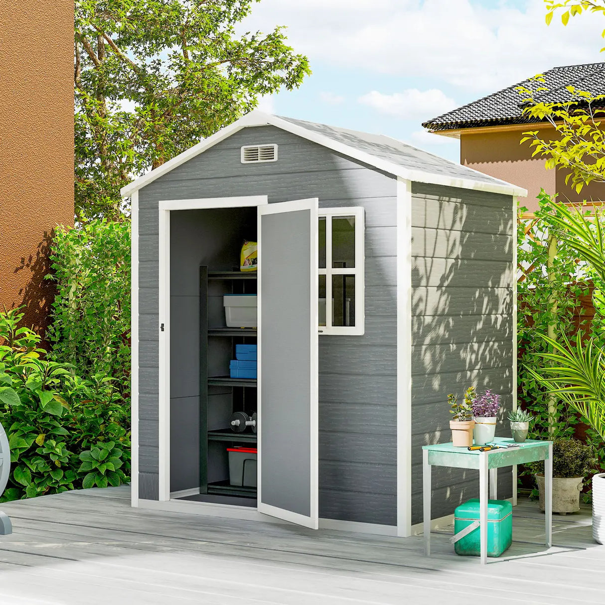 Outsunny 6 x 4ft Garden Shed, Plastic Shed with Floor, Window, Lockable Door and Vents, Wood Effect Resin Tool Shed for Outdoor, Grey