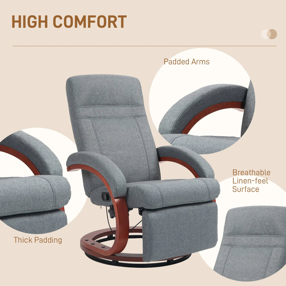 HOMCOM 135 Manual Reclining Swivel Chair, with Footrest - Grey