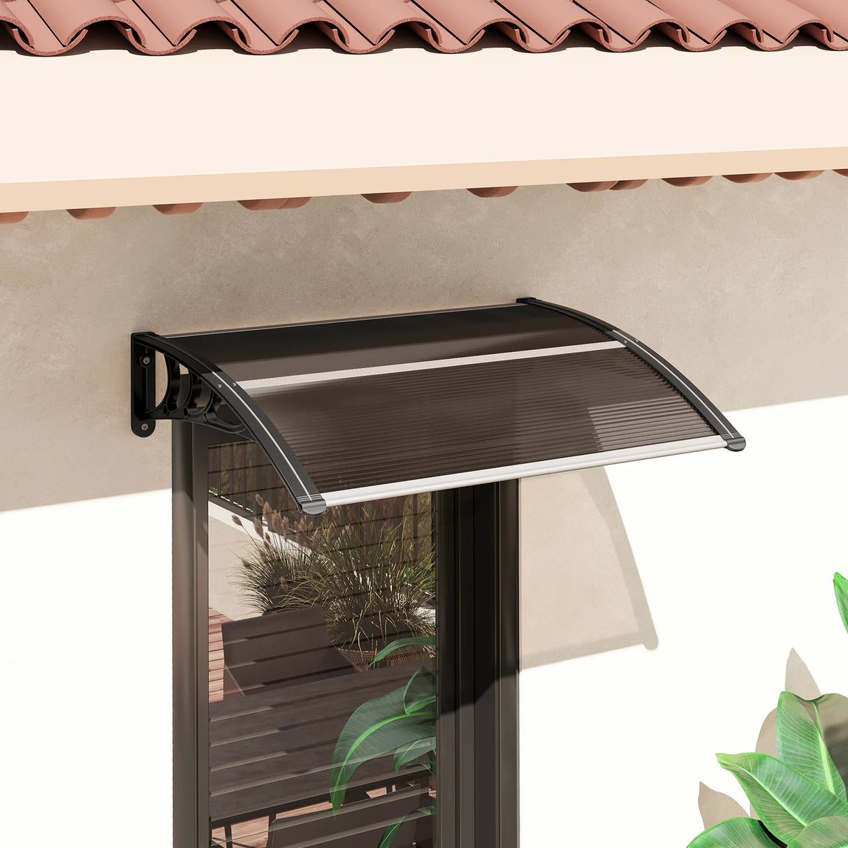 Outsunny Front Door Canopy Outdoor Awning Aluminium Rigid Plastic Polycarbonate Rain Shelter UV Water Rain Resistant 100 x 75cm Brown