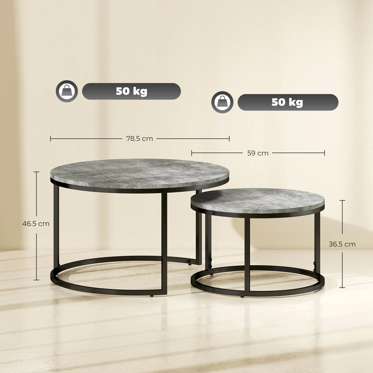 HOMCOM Set of Two Marble-Effect Stacking Tables - Grey/Black