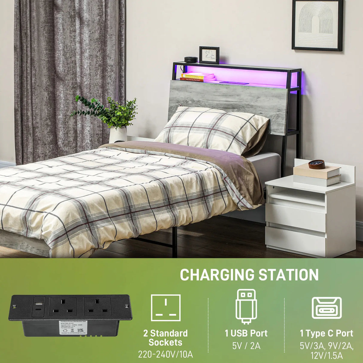 HOMCOM Single Steel Bed Frame, with LED Lights and Headboard Shelf - Grey