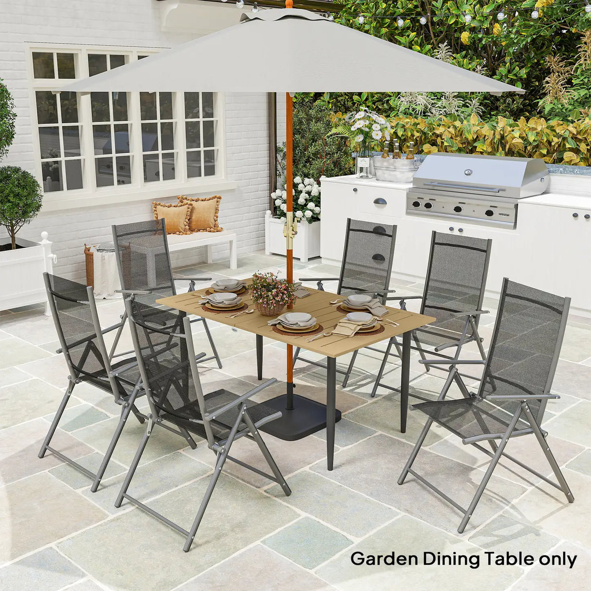 Outsunny Garden Dining Table, 150 x 90 cm Rectangle Outdoor Table with 5 cm Parasol Hole, Slatted Tabletop and Steel Frame for Patio Balcony, (Table Only) Brown