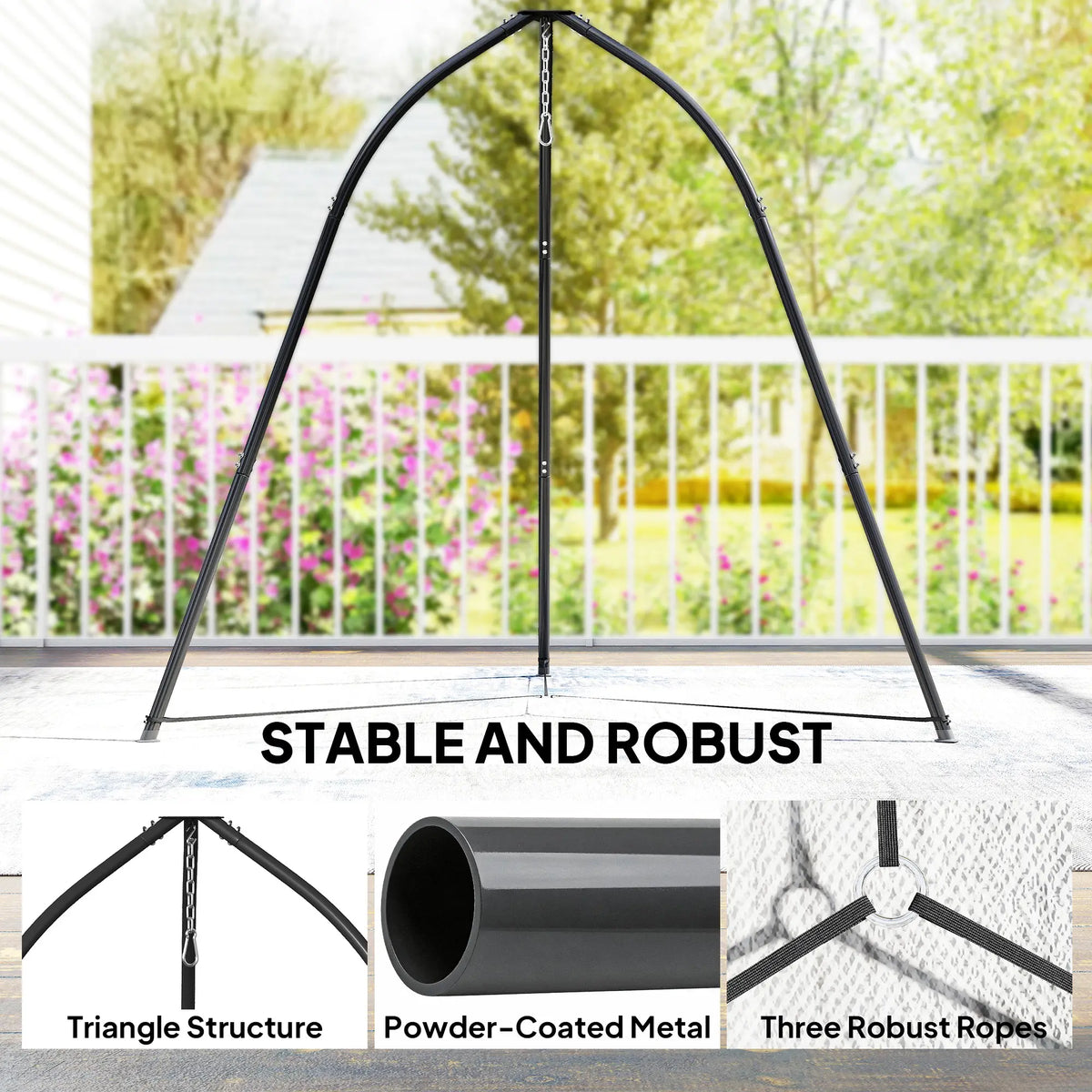 Outsunny Hammock Stand for Hanging Chair Adjustable Height Tripod Hammock Chair Stand Only with Chain, 150 kg Capacity, Black
