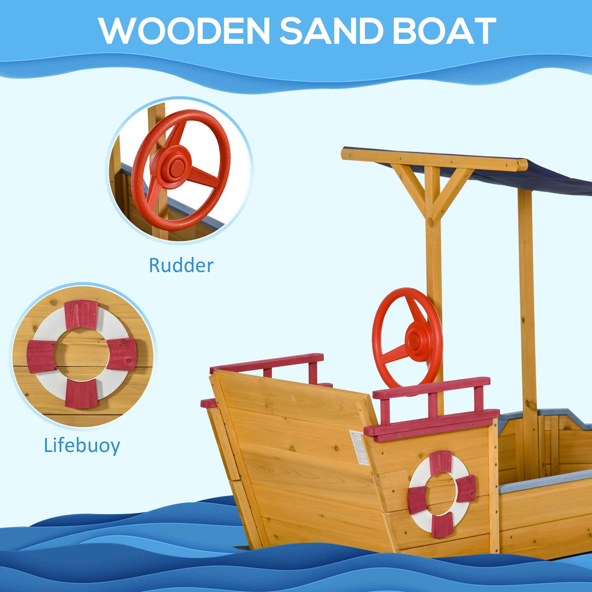 Outsunny Kids Wooden Sandpit, Children Sandbox Pirate Ship, Sandboat Play Station for Outdoor w/ Canopy Shade Storage Bench Bottom Liner