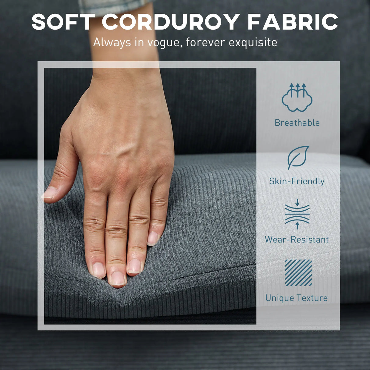 HOMCOM 3 Seater Sofa with Ottoman, 196cm Corduroy L-shaped Sofa Couch with Scatter Back, Reversible Chaise Lounge for Living Room, Home Office, Small Spaces, Charcoal Grey