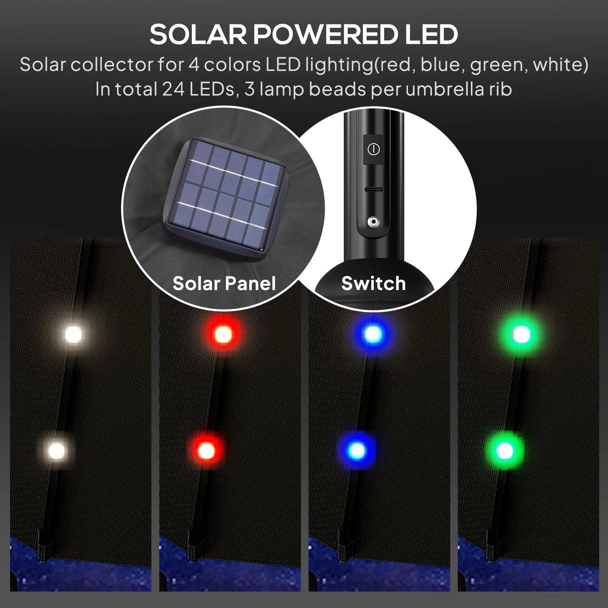 Outsunny 2.7m Garden Parasol Solar Outdoor Tilt Sun Umbrella Patio Sun Shade w/ 24 LED Light, Hand Crank and 8 Ribs, Black