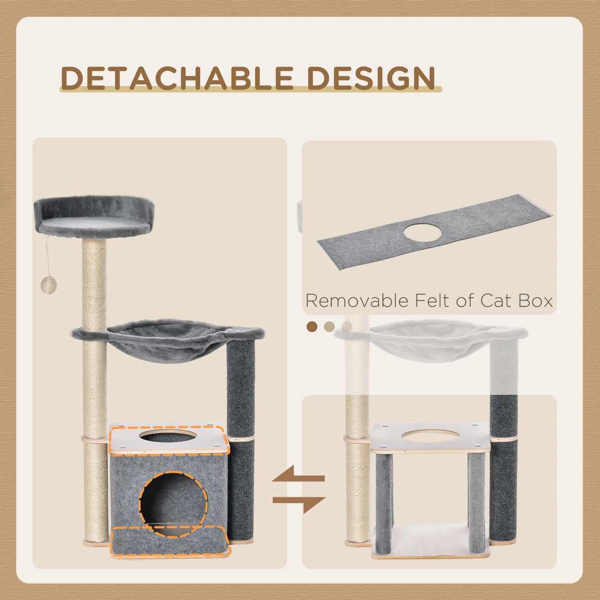 PawHut Cat Tree for Indoor Cats 95cm Climbing Tower Kitten Activity Center with Sisal Scratching Post Perch Roomy Condo Hammock Removable Felt Hanging Toy, Grey