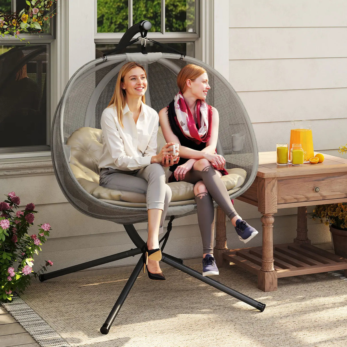 Outsunny Double Hanging Egg Chair 2 Seaters Texteline Swing Hammock Chair with Stand, Cushion and Folding Design, for Indoor and Outdoor, Brown