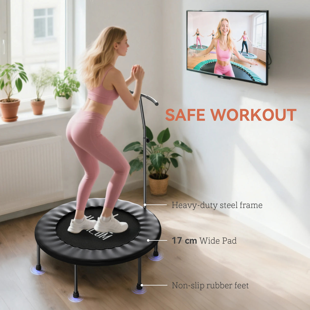 HOMCOM 40" Fitness Trampoline with Adjustable Handle, Rebounder Trampoline, Mini Jumper for Indoor Exercise Workout, Black