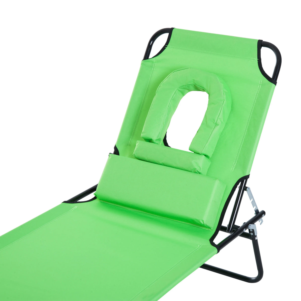 Outsunny Folding Sun Lounger with Face Hole, 4-Position Adjustable Backrest Garden Recliner Chair Sunbed, Outdoor Lounge Chair with 600 D Oxford Cloth Seat, Pillow for Beach, Green