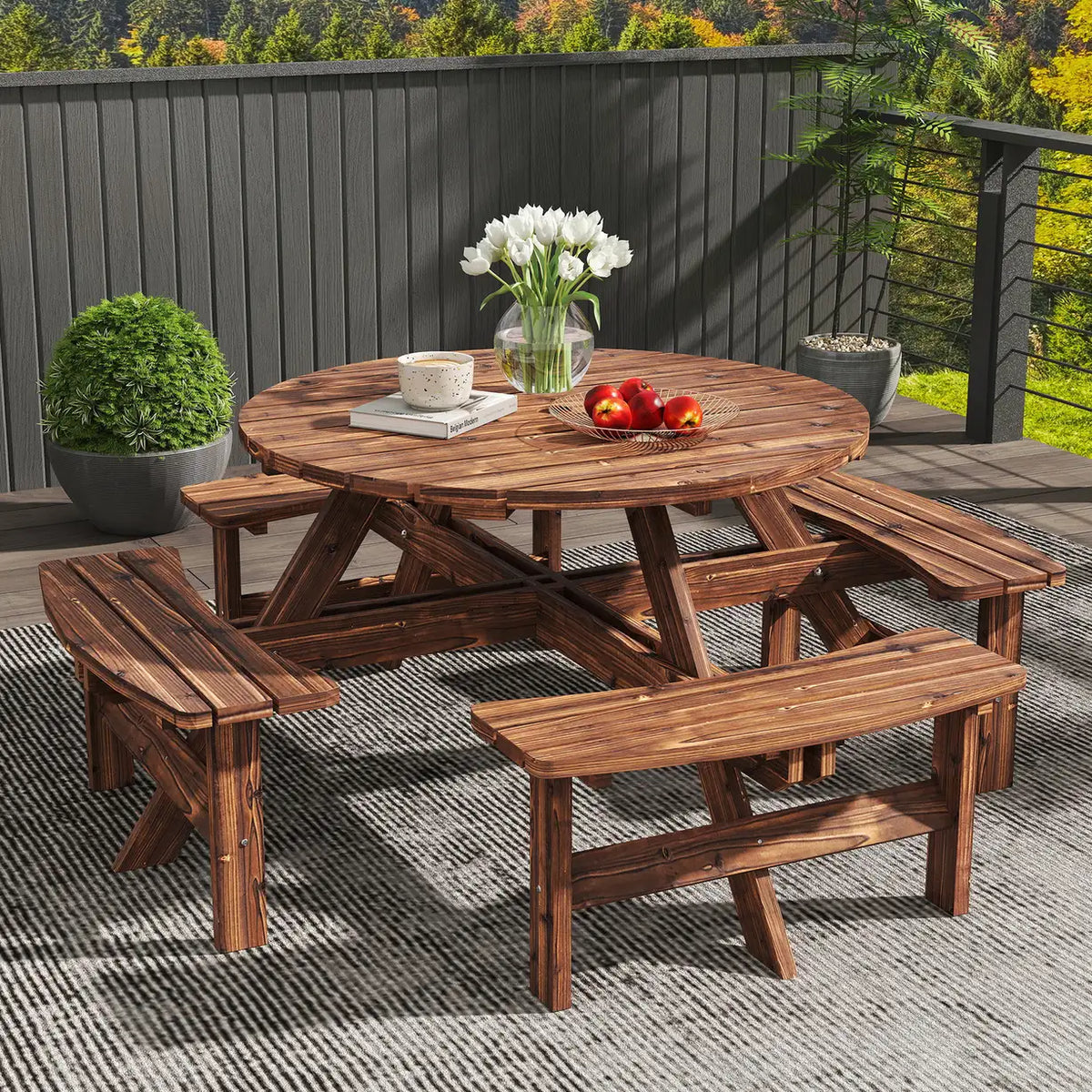 Outsunny Wooden Garden Dining Set, 8 Seater Patio Furniture Set with Round Picnic Table, Parasol Hole for Outdoor Garden, Tan