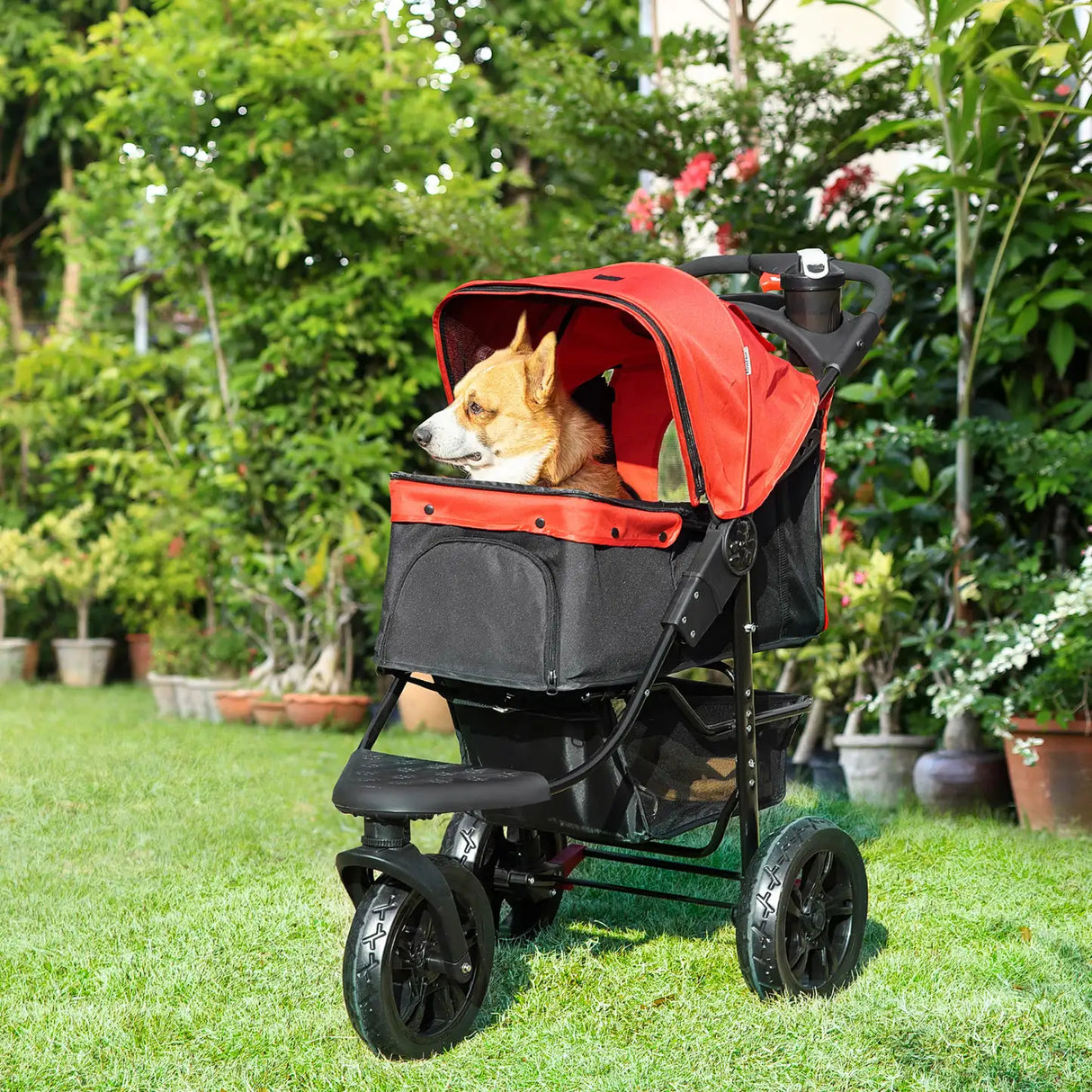 PawHut Dog Stroller Foldable Pet Pram, 3 Wheels Dog Pushchair with Brake, for Small Dogs & Cats, Red