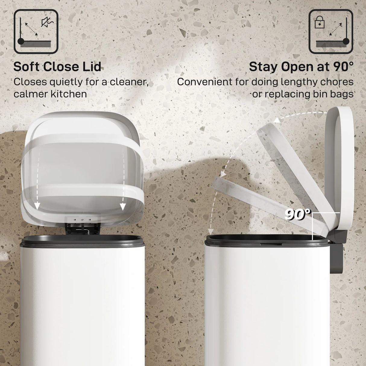 HOMCOM 30L Kitchen Bin, Compact Pedal Bin with Soft-Close and Stay-Open Lid, Removable Bucket for Kitchen, Home, Office, Cream