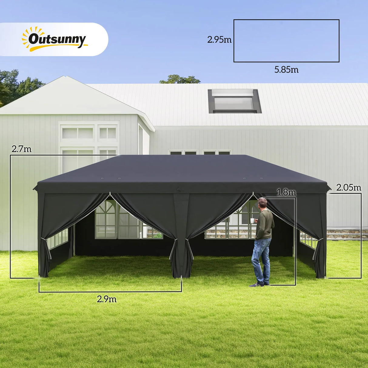 Outsunny 3 x 6 m Pop Up Gazebo with Sides and Windows, Height Adjustable Wedding Camping Party Tent Canopy Marquee with Storage Bag for Garden, Event, Black