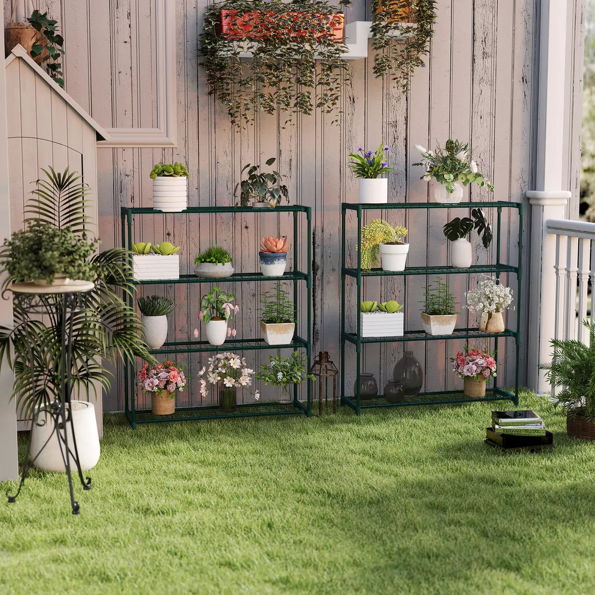 Outsunny Modern Plant Stand, 4-Tier Planter Holder with Steel Frame, Outdoor Flower Display Rack for Potted Plants Garden Balcony Decor, Dark Green