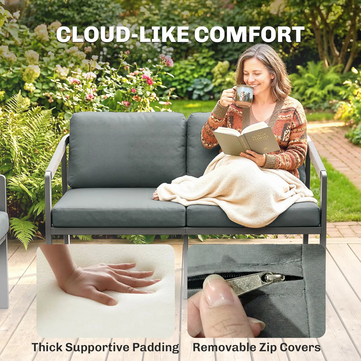 Outsunny Aluminium Garden Furniture Set, 4 Seater Outdoor Patio Furniture with Loveseat, 2 Armchairs, Slatted Table