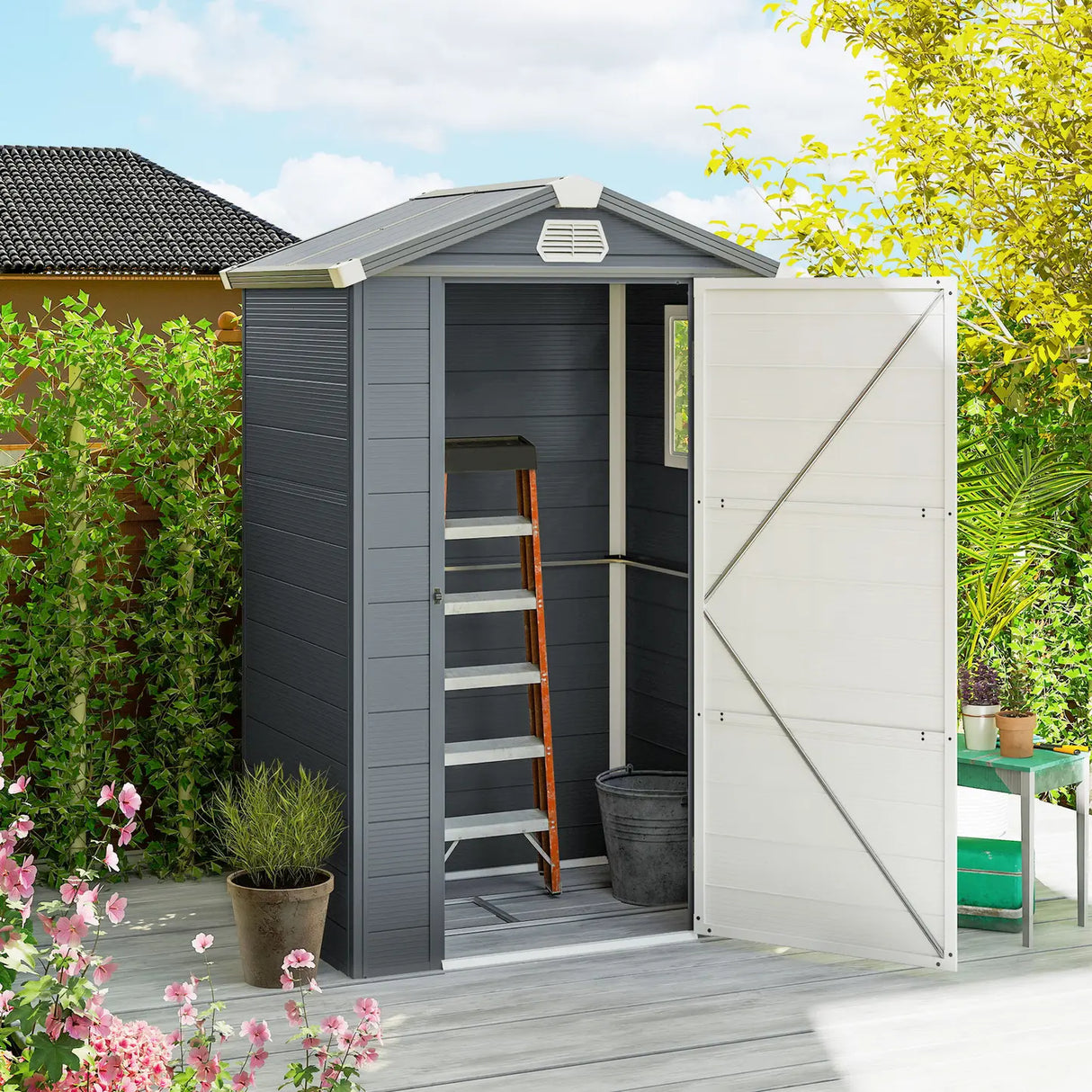 Outsunny 4.4ft x 3.3ft size Aluminium Frame and Plastic Wall Shed, with Foundation - Grey