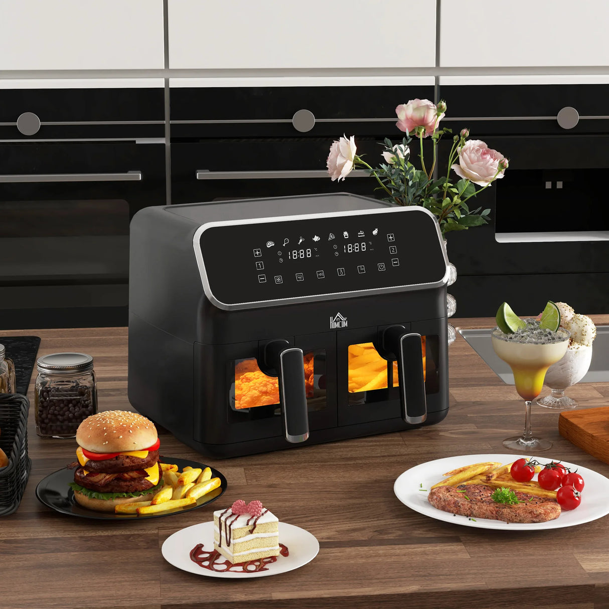 HOMCOM 8L Dual Basket Air Fryer, 80-200, with Sync Function - Black/Silver