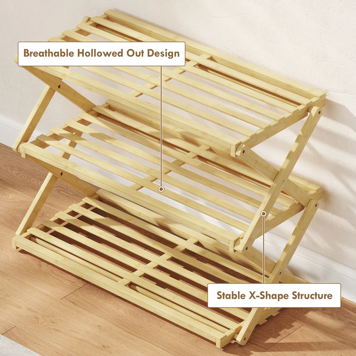 HOMCOM Three-Tier Folding Bamboo Shoe Rack - Natural Finish