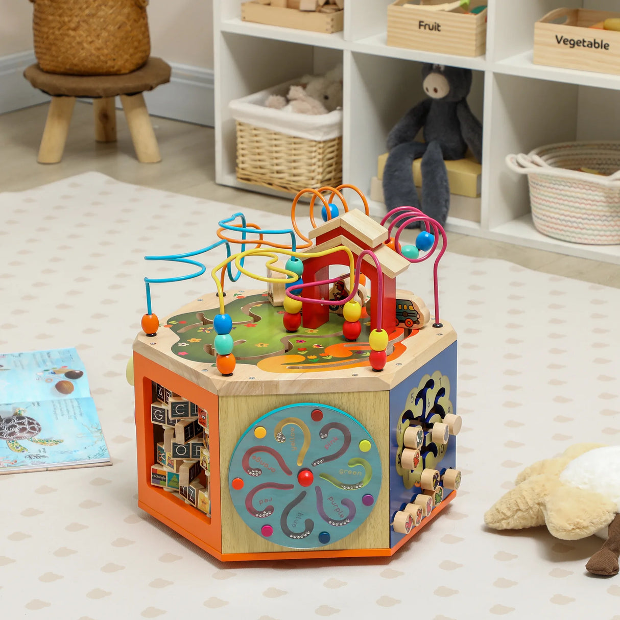 AIYAPLAY 8 in 1 Wooden Activity Cube with Bead Maze, Shape Sorter, for Kids Boys Girls 18+ Months