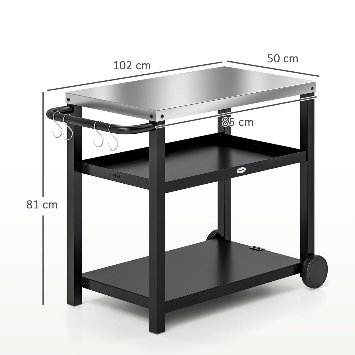 Outsunny Outdoor Grill Dining Cart 3-Shelf Movable Pizza Oven Table Stand with Stainless Steel Top, Portable BBQ Trolley Food Prep Outdoor Kitchen Barbecue Station with Hooks Wheels, Charcoal Grey