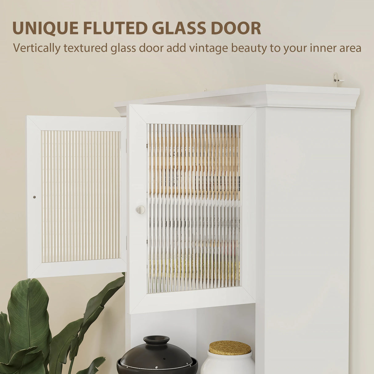 HOMCOM 4-Door Kitchen Cupboard with Drawer, Freestanding Kitchen Cabinet with Glass Doors, Adjustable Shelves and Open Counter, White