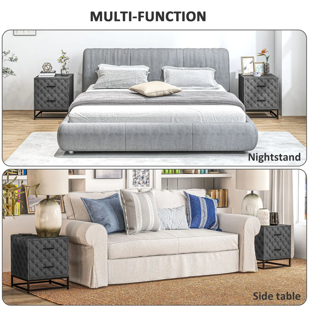 HOMCOM Bedside Tables Set of 2, Modern Bedside Table Nightstand with 2 Drawers, Bedside Cabinet Sofa Side Table with Storage, Steel Legs for Bedroom, Living Room, Grey