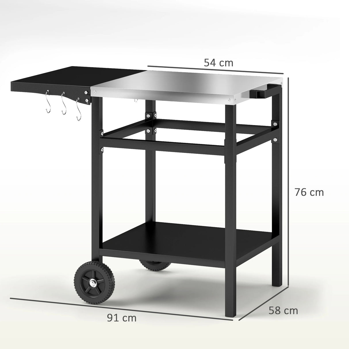 Outsunny BBQ Trolley with Stainless Steel Top and Foldable Side Table, Outdoor Kitchen Barbecue Station with Hooks and Shelf, Pizza Oven Table Movable Outdoor Grill Dining Cart with Cover, Black