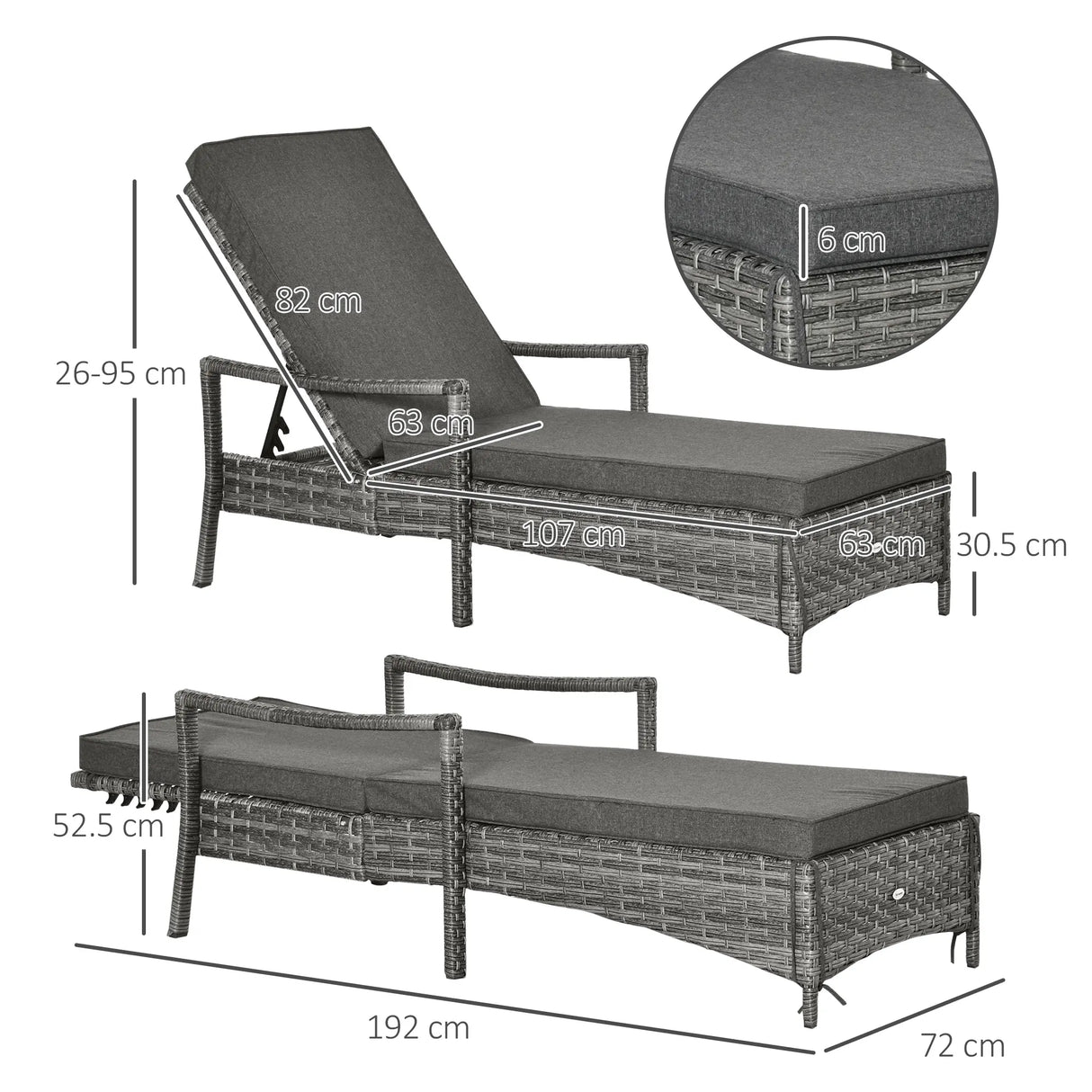 Outsunny Patio Rattan Sun Lounger, Dual Wicker Weave Outdoor Single Reclining Chair Furniture, 5-Level Adjustable Backrest w/ Removeable & Washable Cushion, Mixed Grey