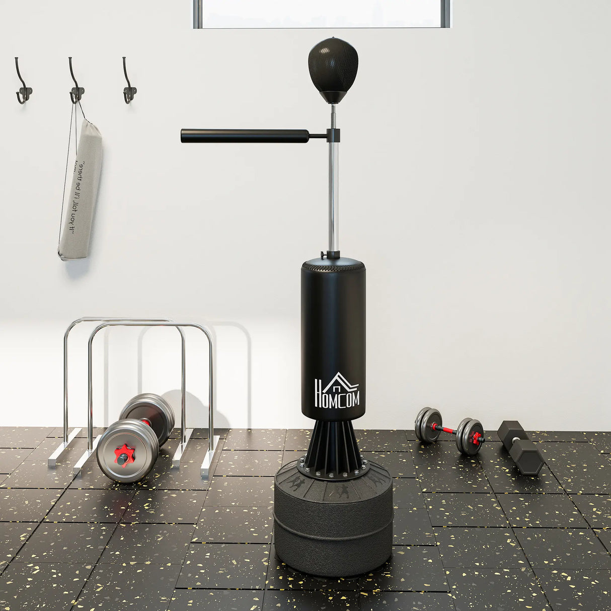 HOMCOM 155-205cm 3-IN-1 Freestanding Boxing Punching Bag Stand, Boxing Speed Trainer with Rotating Flexible Arm, Speed Ball, Fillable Base, Black