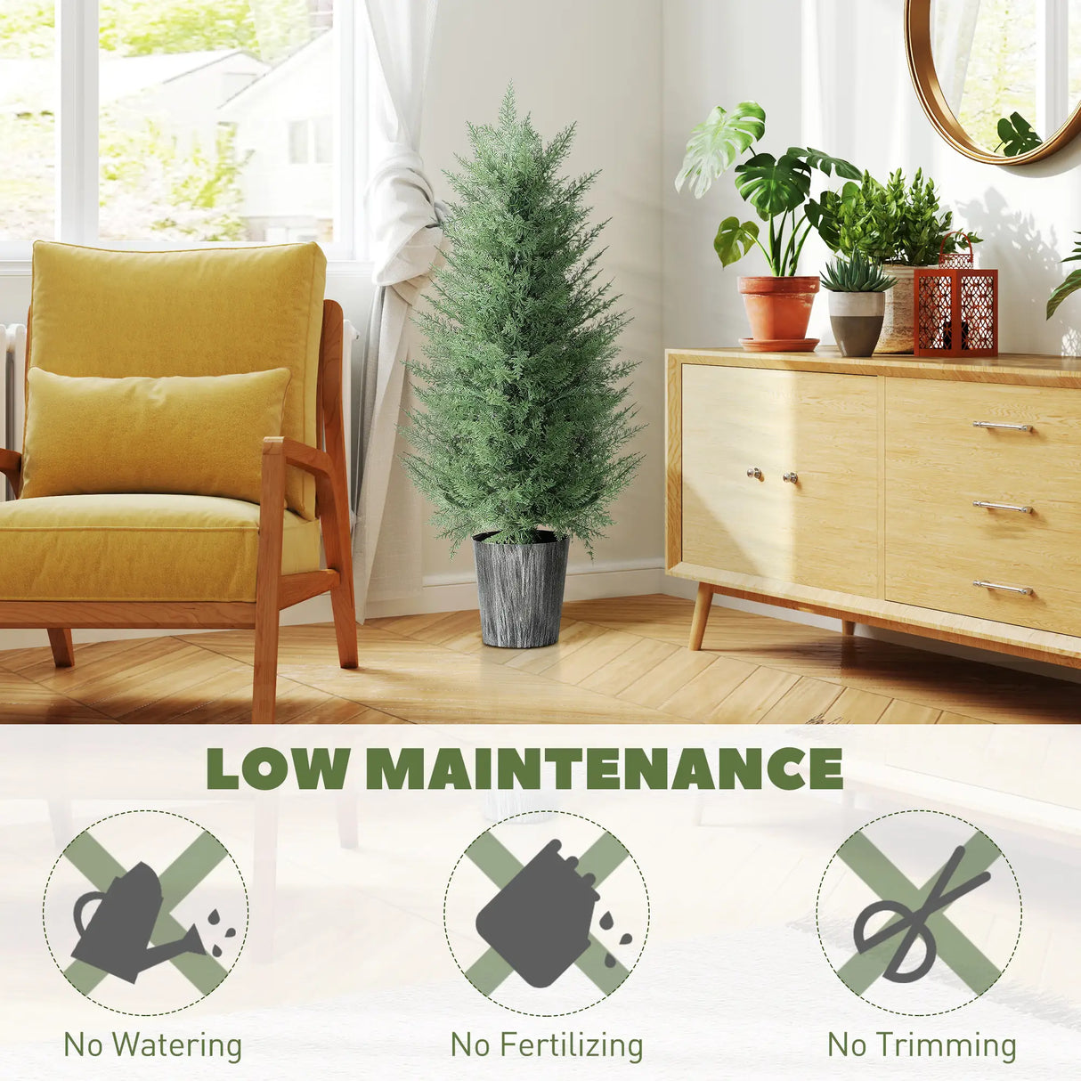 HOMCOM 90cm Artificial Cypress Trees Set of 2, UV Resistant Artificial Plants with Decorative Pot, Fake Plants for Indoor Outdoor Decor, Green