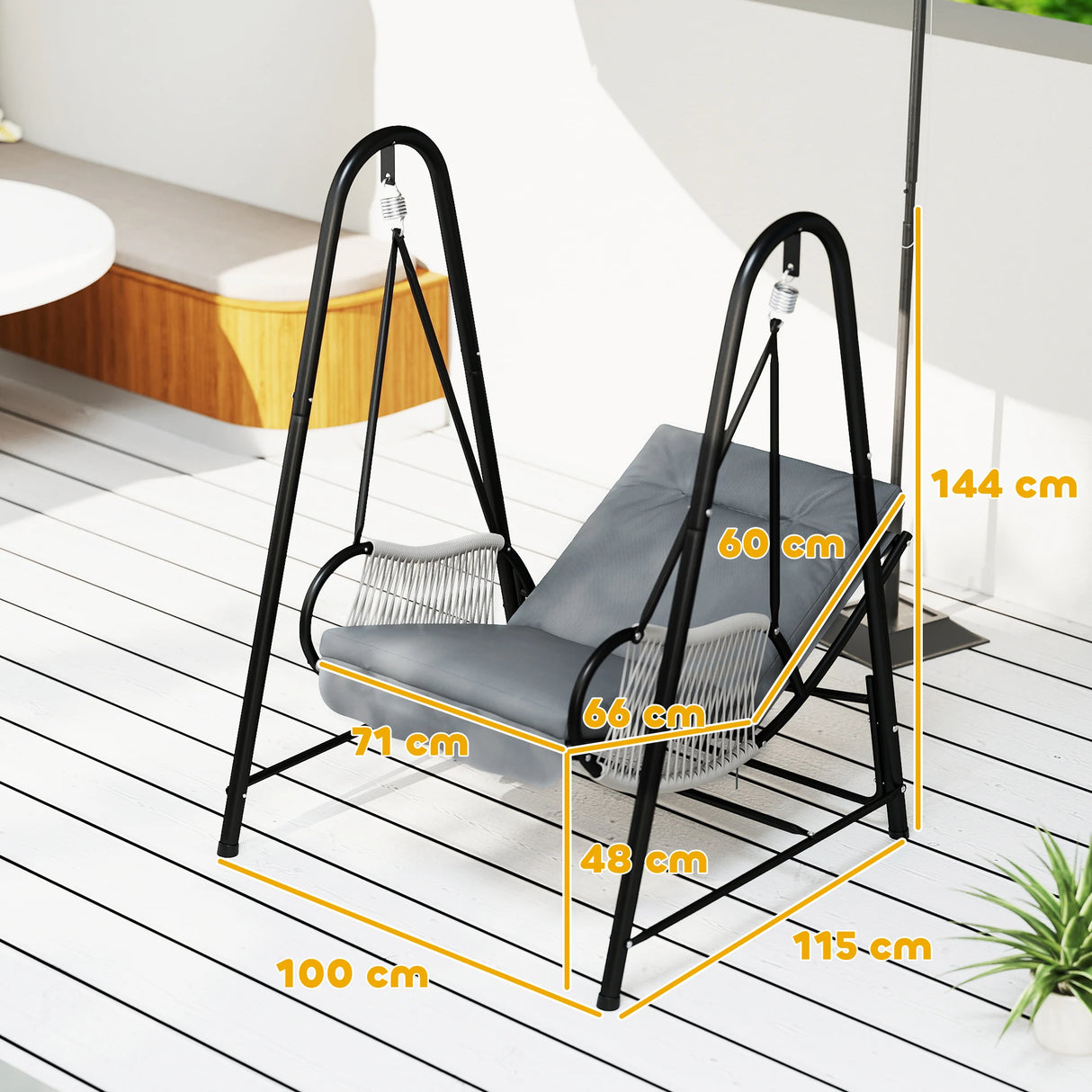 Outsunny Rattan Swing Chair, Outdoor Garden Hanging Swing Seat with Stand and Seat Cushion, Porch Hanging Chair for Balcony, Garden, Deck, Light Grey