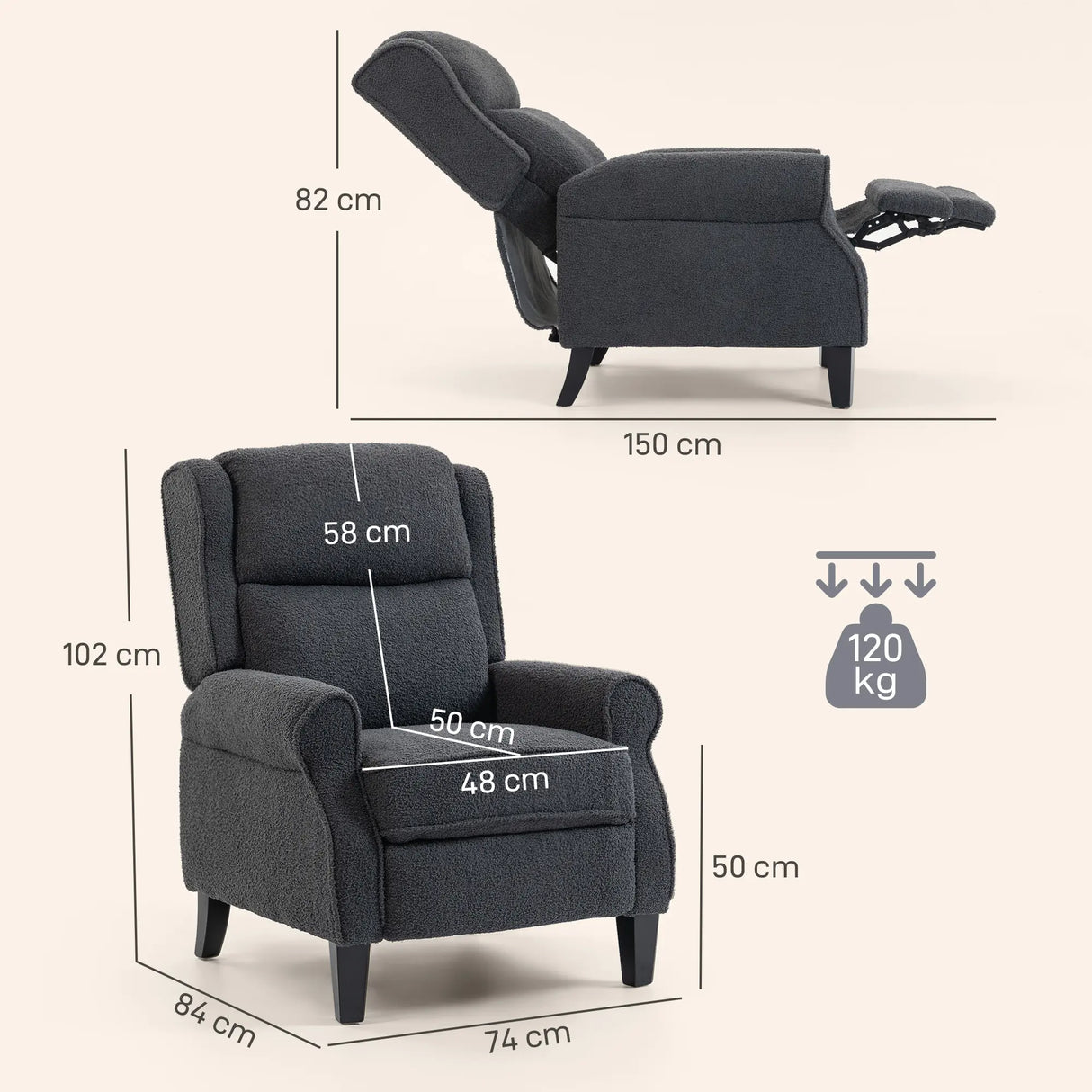 HOMCOM 132 Recliner Armchair, with Extended Footrest - Dark Grey