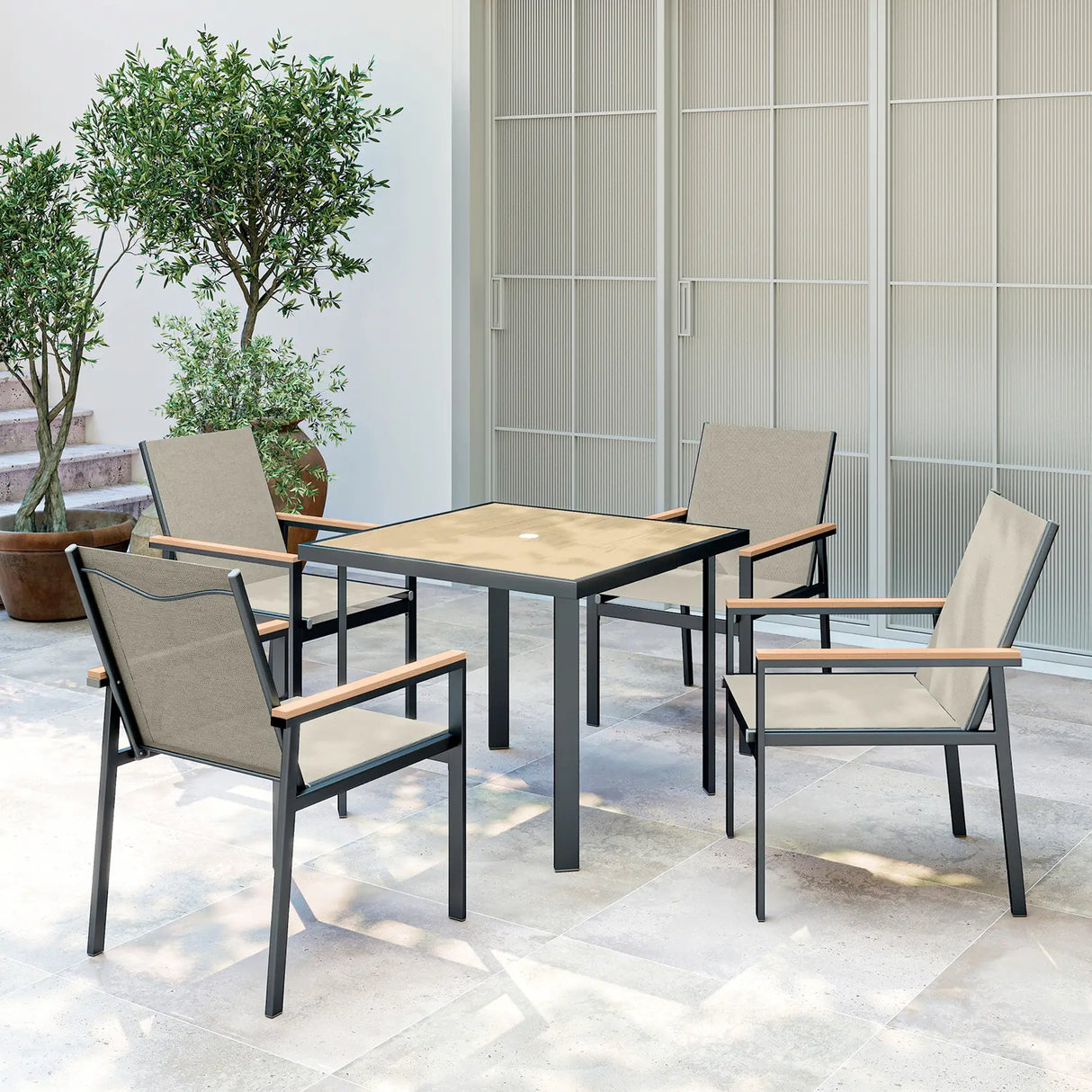 Outsunny Five-Piece Metal Dining Set, with Glass-Top Table - Khaki