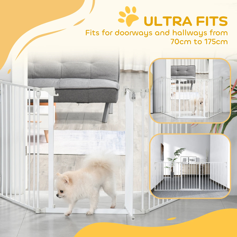 PawHut Pet Safety Gate, 3 Panels Playpen Fireplace, Foldable Metal Fence, Stair Barrier, Room Divider, Fire Guard w/ Automatic Closing Door, White