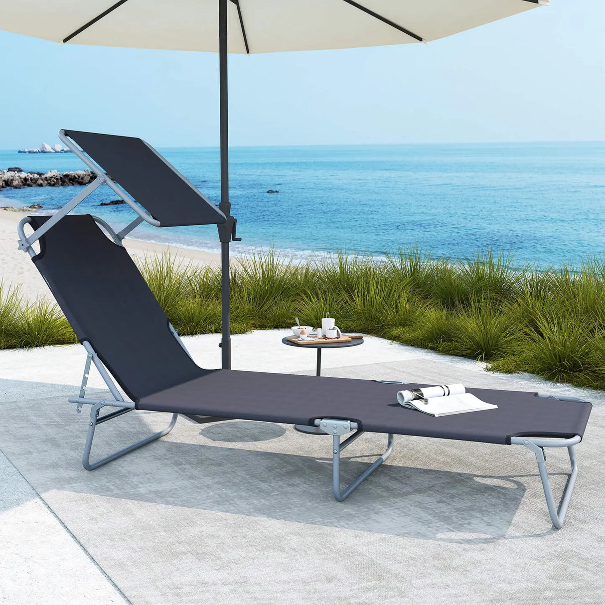 Outsunny Outdoor Foldable Sun Lounger, 4 Level Adjustable Backrest Reclining Sun Lounger Chair with Angle Adjust Sun Shade Awning for Beach, Garden, Patio, Grey