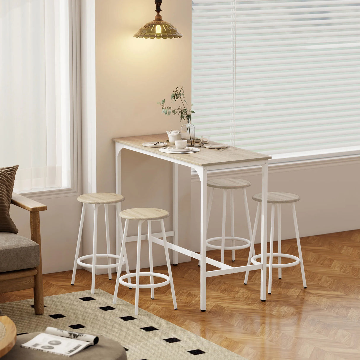 HOMCOM 5 Piece Bar Table Set for 4 with Stools, Metal Frame, Footrest for Kitchen Natural Wood