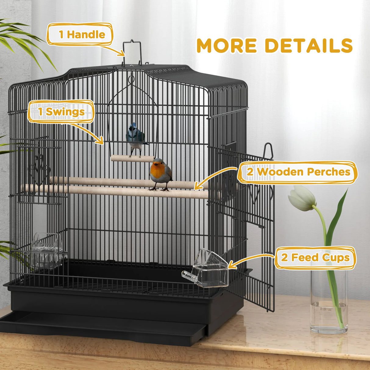 PawHut Large Metal Bird Cage with Perches, Food Bowls, Swing, for Budgies, Parakeets, Black