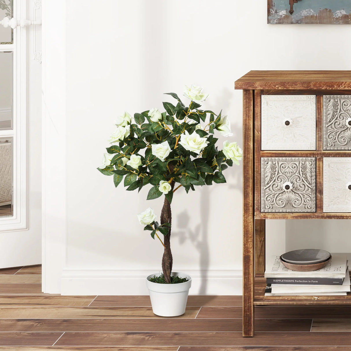 Outsunny Artificial Plants White Rose Floral in Pot, Fake Plants for Home Indoor Decor, 90cm