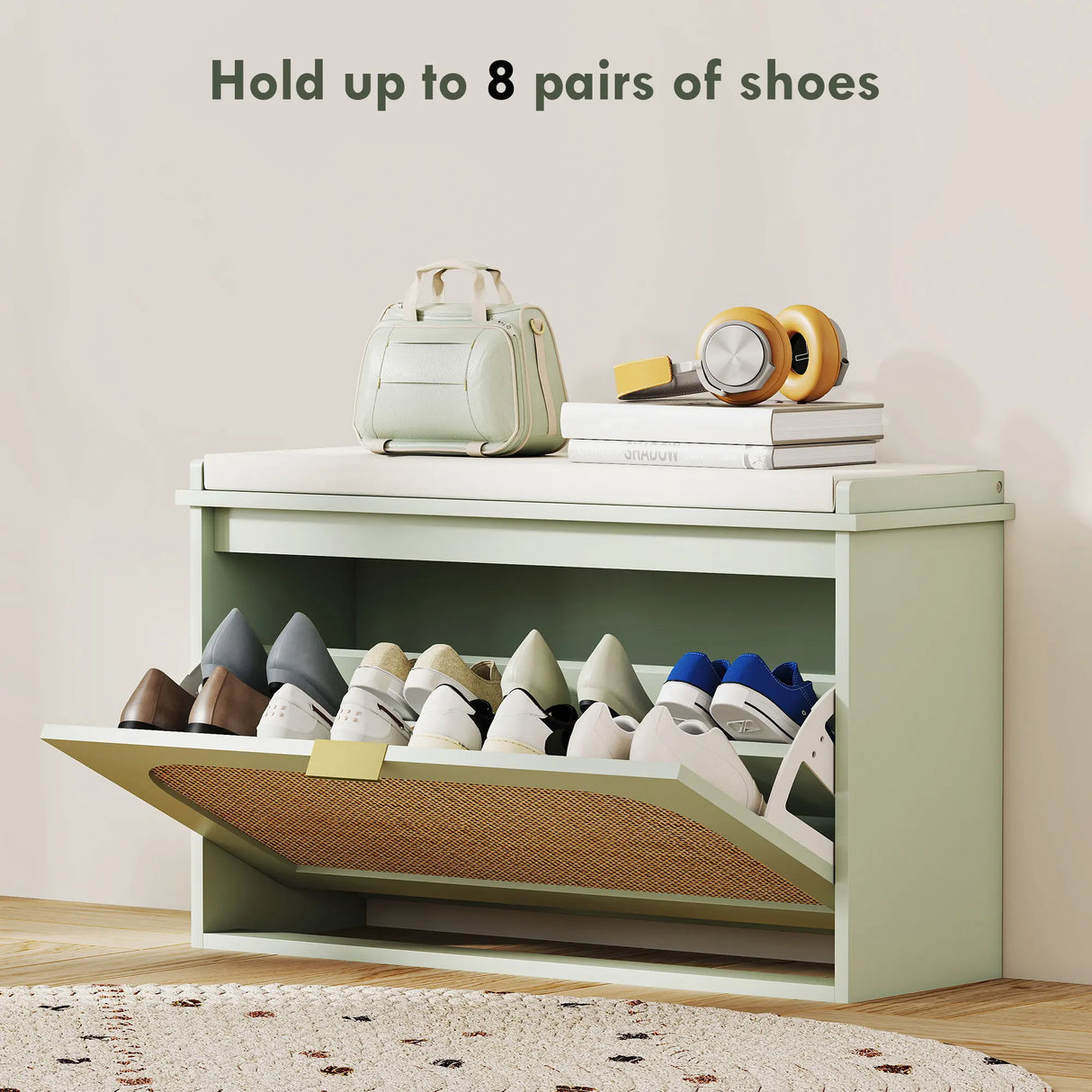 HOMCOM Boho Shoe Bench with Padded Seat and Flip-Drawer - Light Green