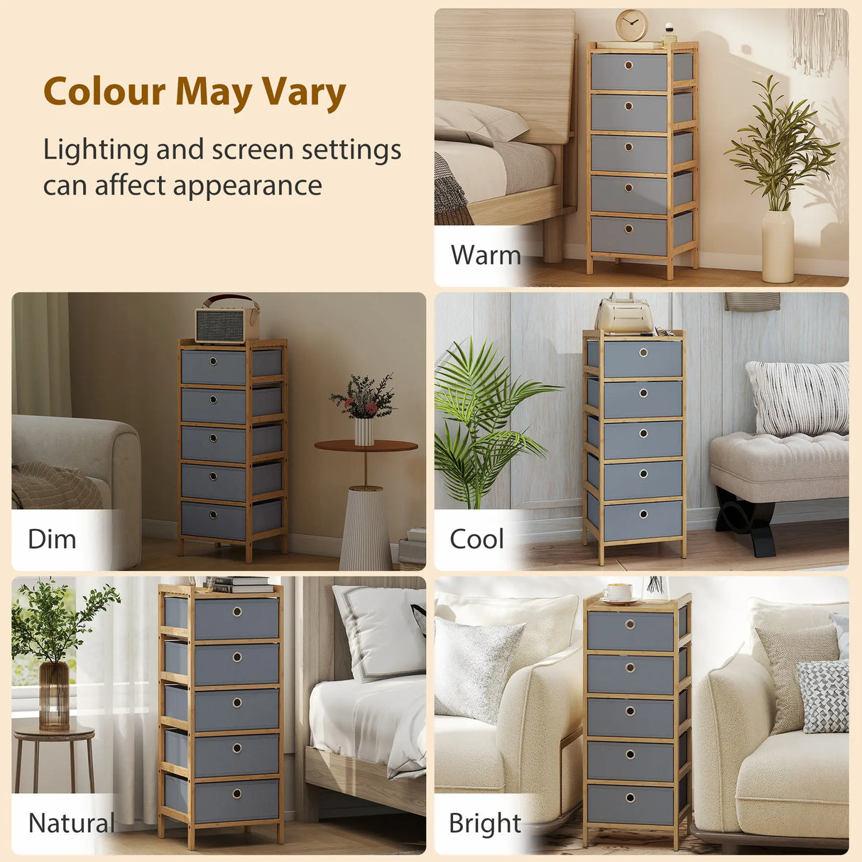 HOMCOM Chest of Drawers, 5 Fabric Drawers Narrow Dresser with Bamboo Frame, Light Grey