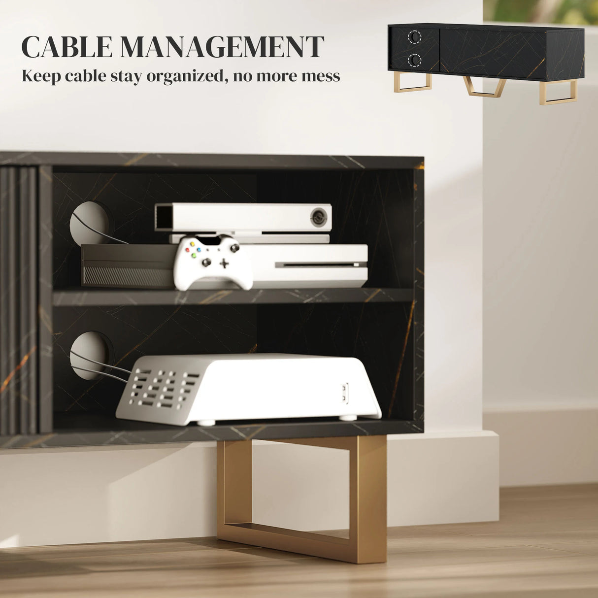 HOMCOM Marble Effect TV Unit, TV Stand Cabinet for up to 70" TVs, Modern TV Cabinet with Shelves and Storage Cupboard, Fluted Door, Extra Centre Leg, Cable Management for Living Room, Black