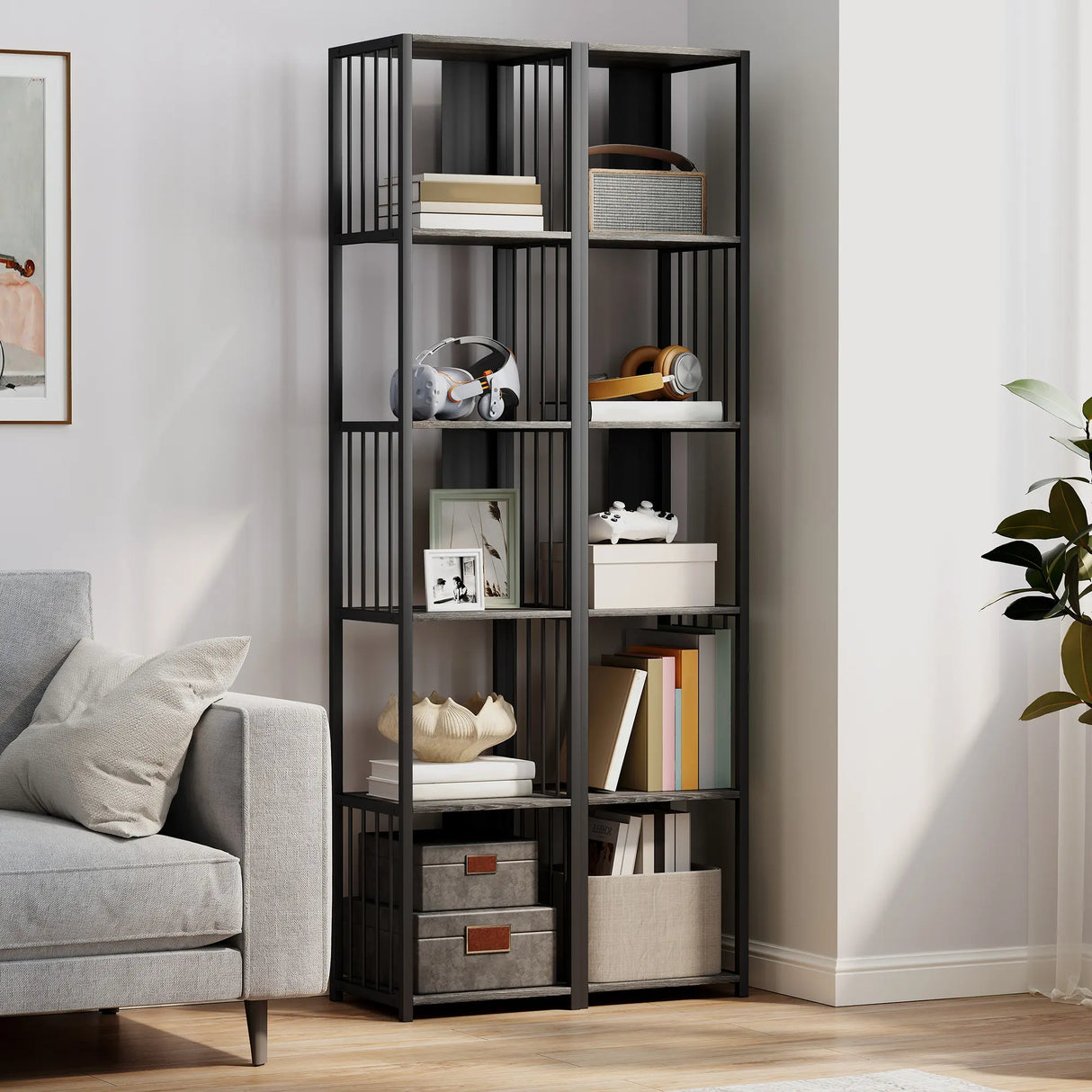 HOMCOM 5-Tier Bookshelf with Steel Frame - Grey