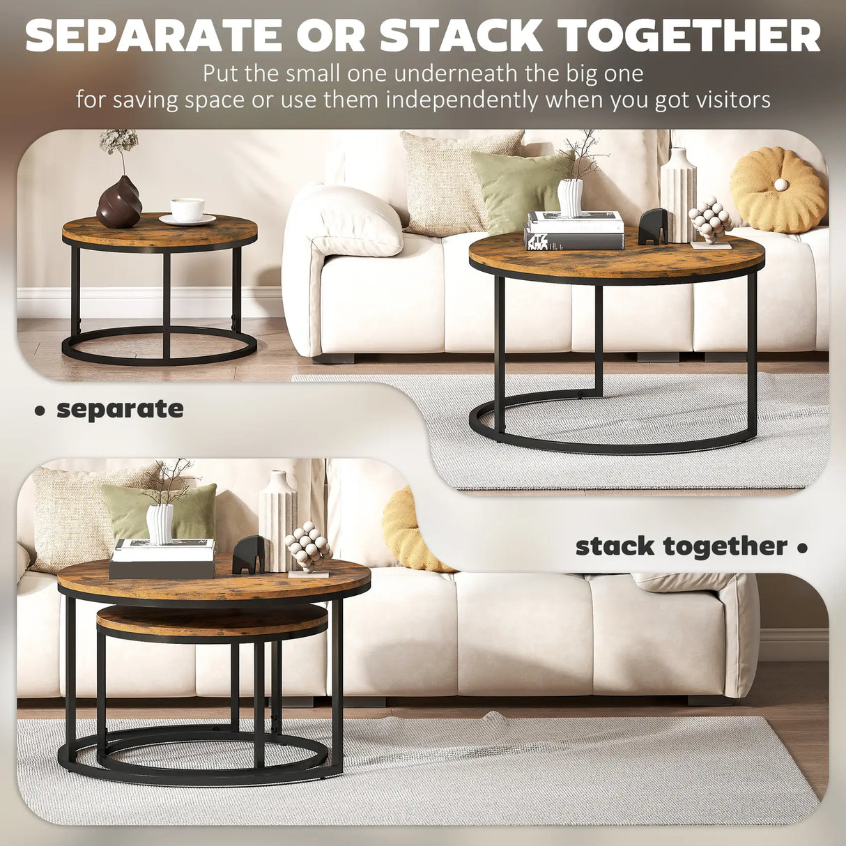 HOMCOM Set of Two Wood-Effect Stacking Tables - Rustic Brown