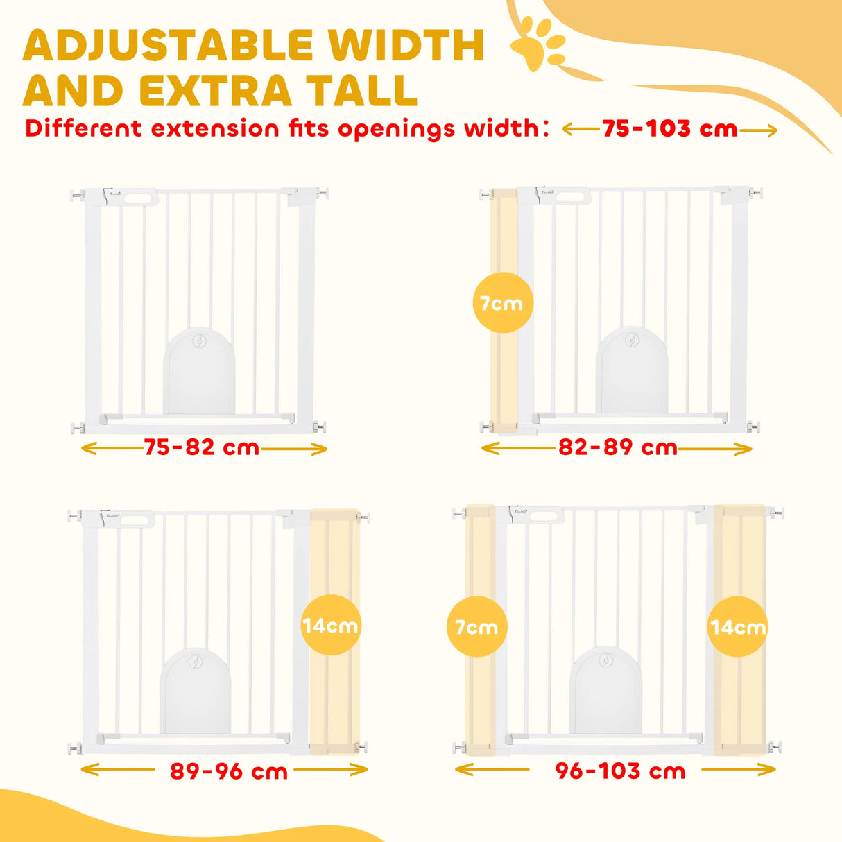 PawHut Dog Gate with Cat Flap Pet Safety Gate Barrier, Stair Pressure Fit, Auto Close, Double Locking, for Doorways, Hallways, 75-103 cm White