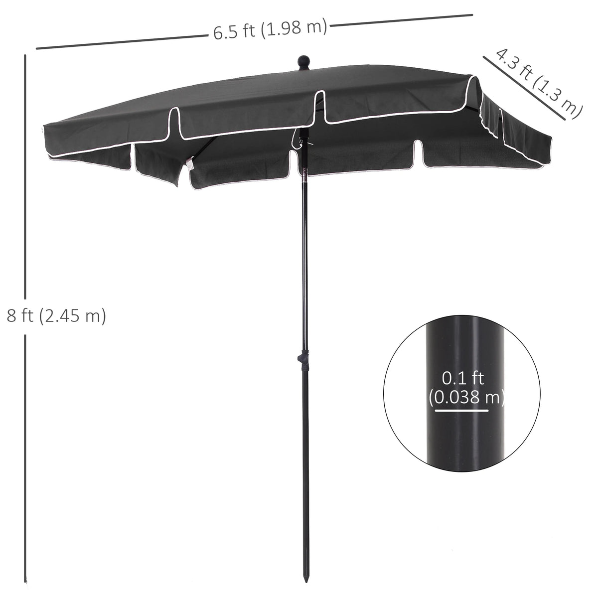 Outsunny Garden Parasol Umbrella, Outdoor Market Table Umbrella with Ruffles & Aluminium Pole, Rectangular Tilting Parasol Sun Shade Canopy, 2 x 1.3m, Grey